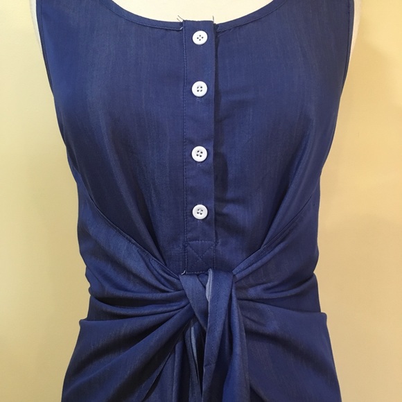 Tie Front Shirttail Hem Chambray Denim Midi Dress - Picture 3 of 4